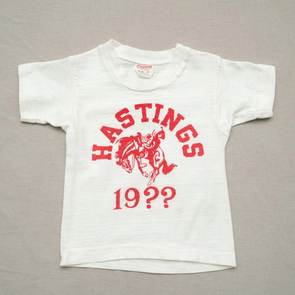 Vintage 60s Champion‎ Knitwear Running Man Hastings 19?? Horse Baby T Shirt